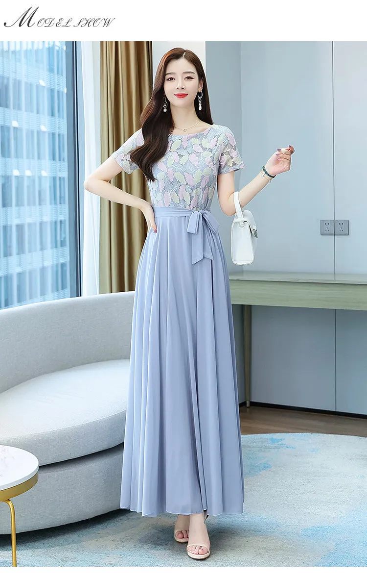 VenusFox Summer New Arrival Elegant Hot Sale Round Collar Lace Chiffon Long Women Dresses  M-4XL