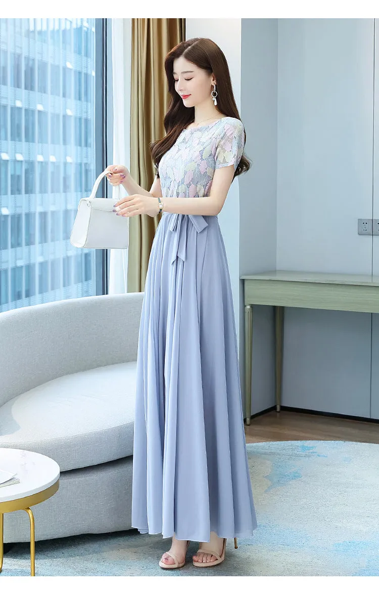 VenusFox Summer New Arrival Elegant Hot Sale Round Collar Lace Chiffon Long Women Dresses  M-4XL