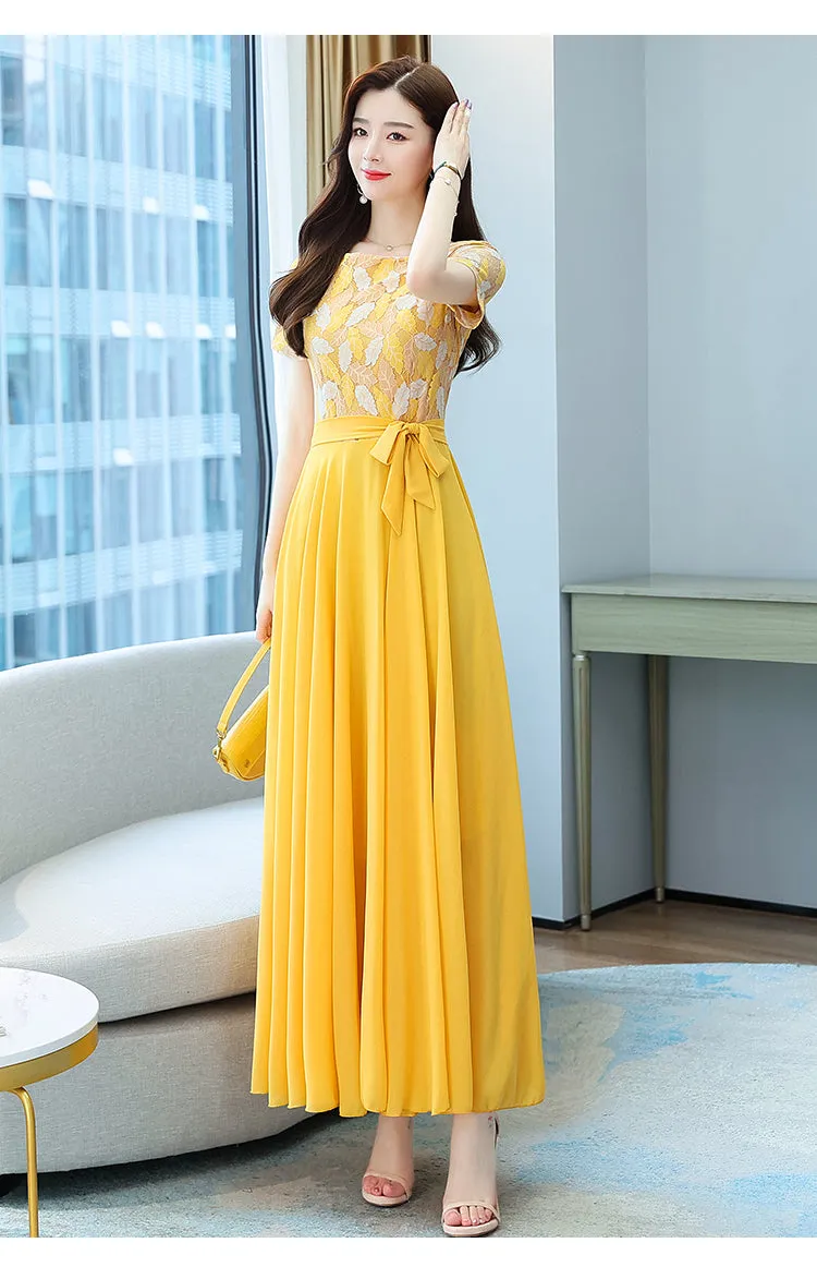 VenusFox Summer New Arrival Elegant Hot Sale Round Collar Lace Chiffon Long Women Dresses  M-4XL