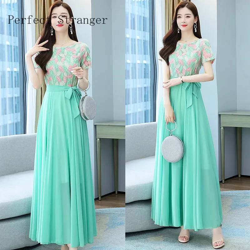 VenusFox Summer New Arrival Elegant Hot Sale Round Collar Lace Chiffon Long Women Dresses  M-4XL