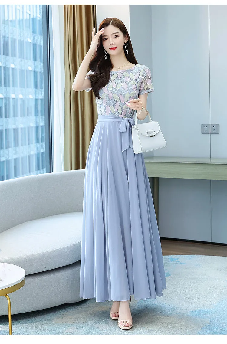 VenusFox Summer New Arrival Elegant Hot Sale Round Collar Lace Chiffon Long Women Dresses  M-4XL