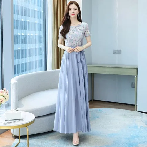 VenusFox Summer New Arrival Elegant Hot Sale Round Collar Lace Chiffon Long Women Dresses  M-4XL