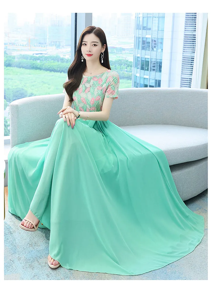 VenusFox Summer New Arrival Elegant Hot Sale Round Collar Lace Chiffon Long Women Dresses  M-4XL