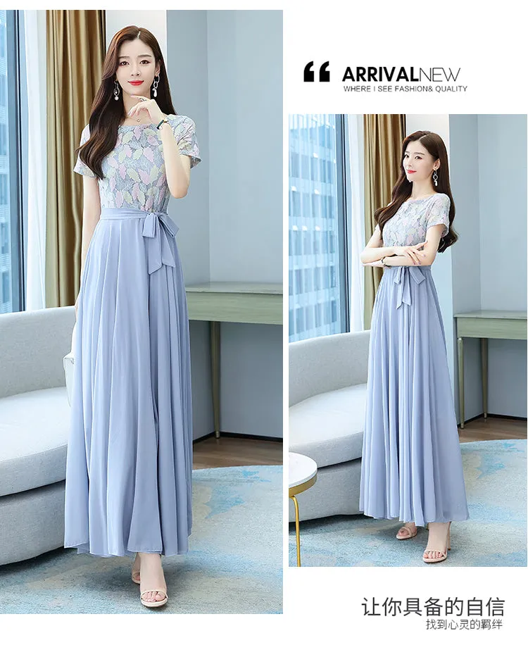 VenusFox Summer New Arrival Elegant Hot Sale Round Collar Lace Chiffon Long Women Dresses  M-4XL