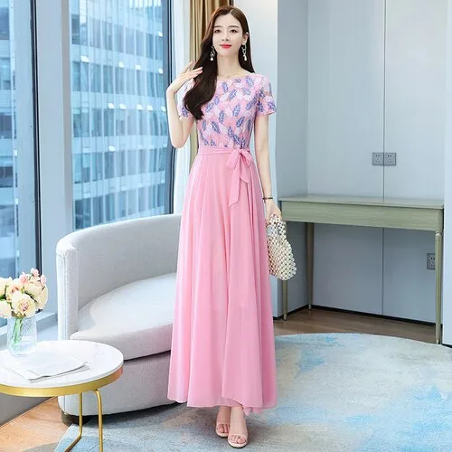 VenusFox Summer New Arrival Elegant Hot Sale Round Collar Lace Chiffon Long Women Dresses  M-4XL