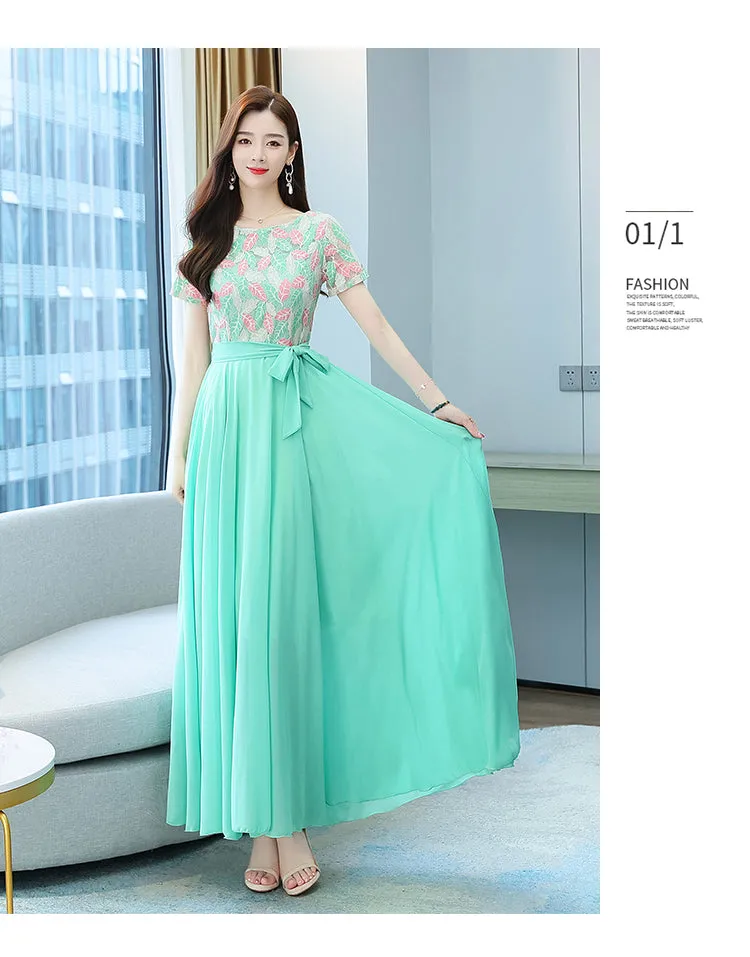 VenusFox Summer New Arrival Elegant Hot Sale Round Collar Lace Chiffon Long Women Dresses  M-4XL