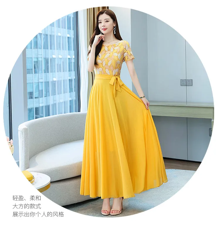 VenusFox Summer New Arrival Elegant Hot Sale Round Collar Lace Chiffon Long Women Dresses  M-4XL