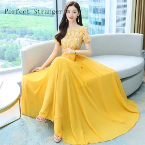 VenusFox Summer New Arrival Elegant Hot Sale Round Collar Lace Chiffon Long Women Dresses  M-4XL