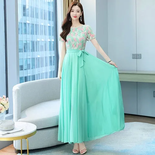 VenusFox Summer New Arrival Elegant Hot Sale Round Collar Lace Chiffon Long Women Dresses  M-4XL