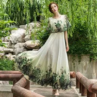 VenusFox Summer New Arrival Elegant Hot Sale Round Collar Lace Chiffon Long Women Dresses  M-4XL