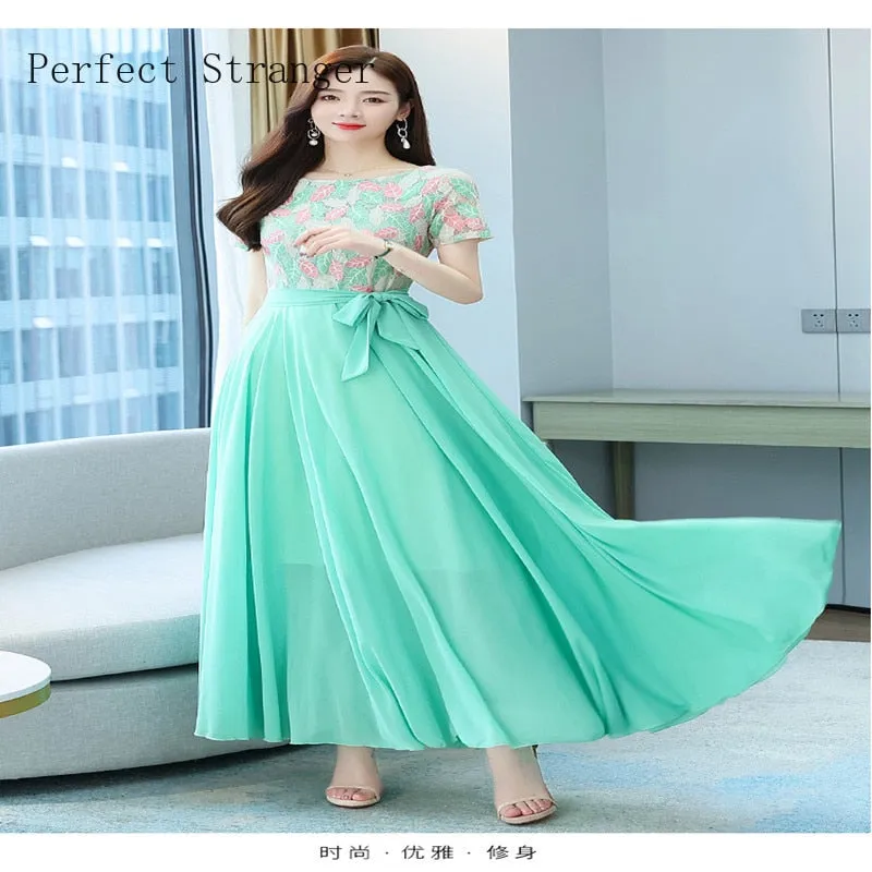 VenusFox Summer New Arrival Elegant Hot Sale Round Collar Lace Chiffon Long Women Dresses  M-4XL