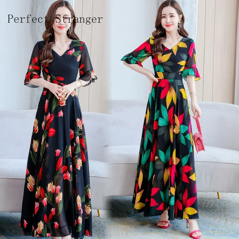 VenusFox Summer New Arrival  Elegant Korean V Collar Flare Sleeve Women Chiffon Long Dress High Quality