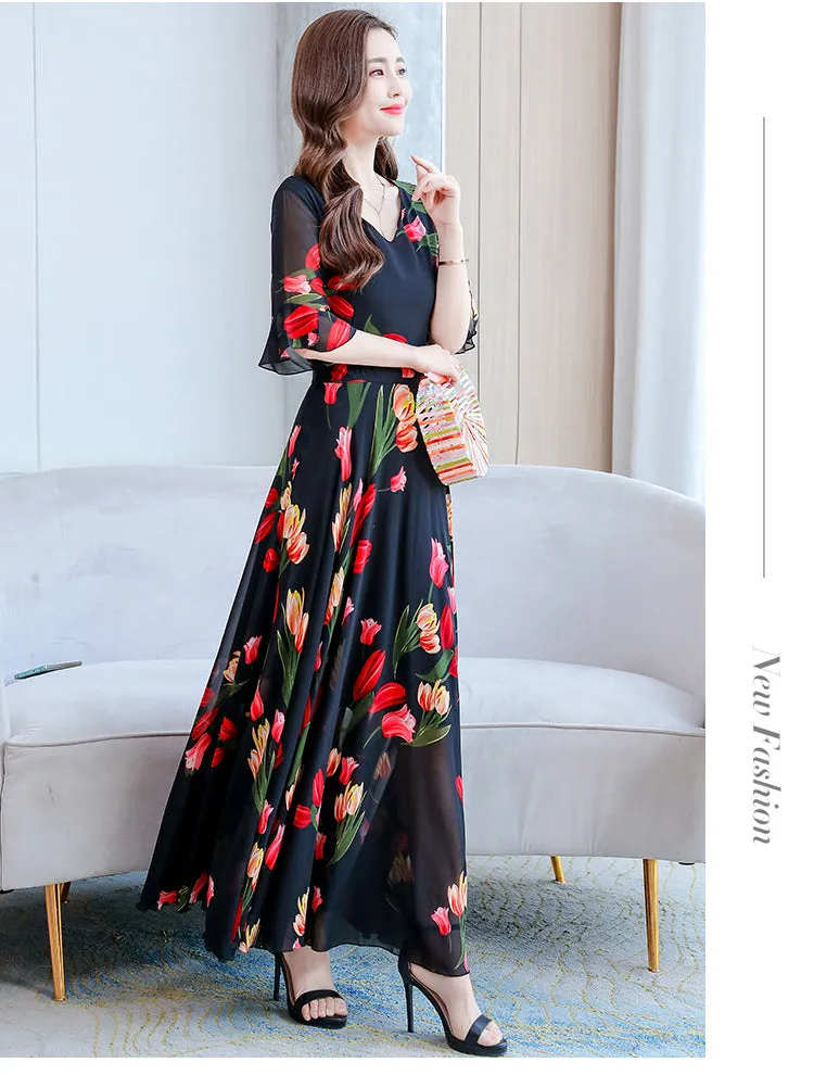 VenusFox Summer New Arrival  Elegant Korean V Collar Flare Sleeve Women Chiffon Long Dress High Quality