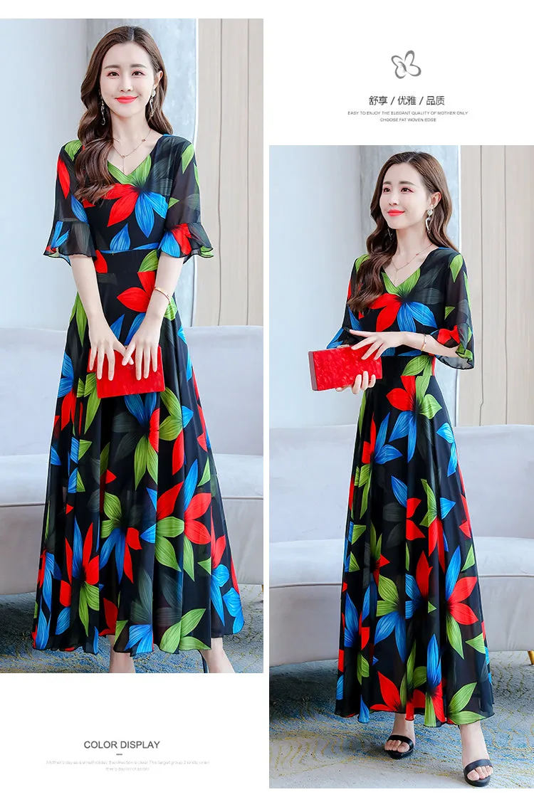 VenusFox Summer New Arrival  Elegant Korean V Collar Flare Sleeve Women Chiffon Long Dress High Quality