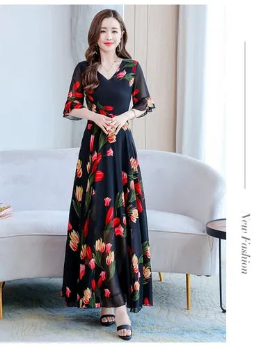 VenusFox Summer New Arrival  Elegant Korean V Collar Flare Sleeve Women Chiffon Long Dress High Quality