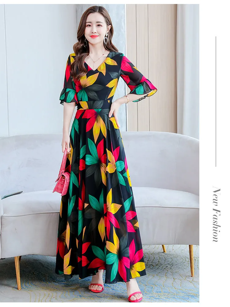 VenusFox Summer New Arrival  Elegant Korean V Collar Flare Sleeve Women Chiffon Long Dress High Quality