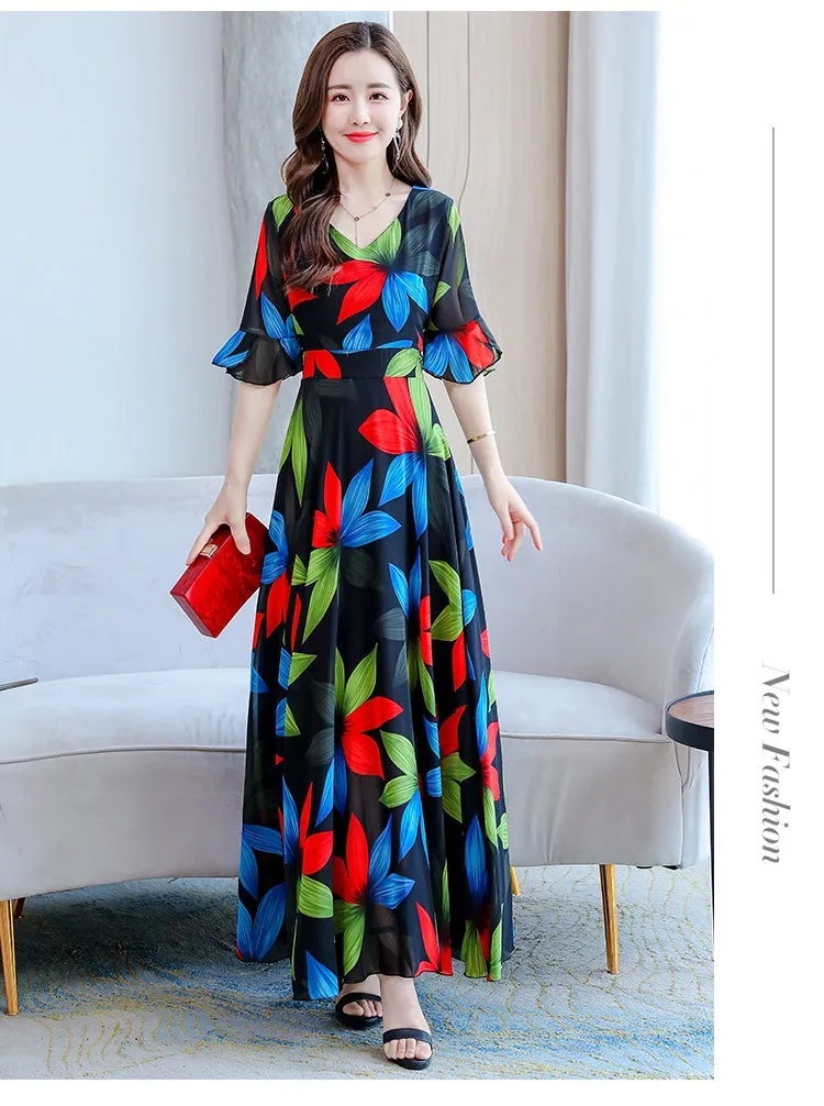 VenusFox Summer New Arrival  Elegant Korean V Collar Flare Sleeve Women Chiffon Long Dress High Quality