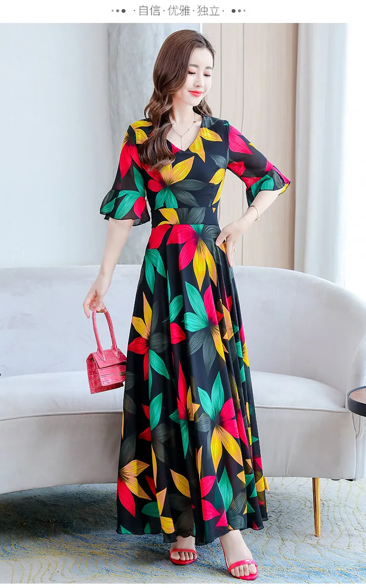 VenusFox Summer New Arrival  Elegant Korean V Collar Flare Sleeve Women Chiffon Long Dress High Quality