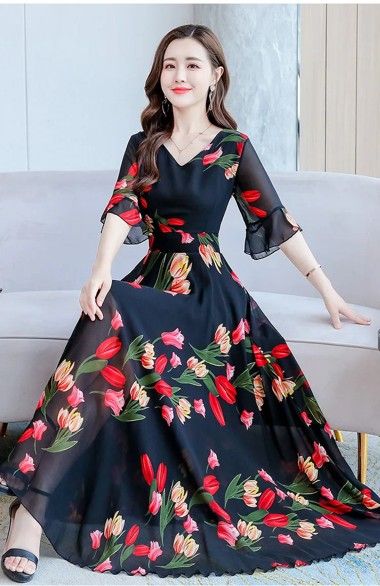 VenusFox Summer New Arrival  Elegant Korean V Collar Flare Sleeve Women Chiffon Long Dress High Quality