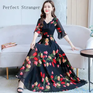 VenusFox Summer New Arrival  Elegant Korean V Collar Flare Sleeve Women Chiffon Long Dress High Quality