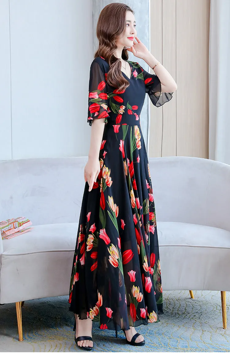 VenusFox Summer New Arrival  Elegant Korean V Collar Flare Sleeve Women Chiffon Long Dress High Quality