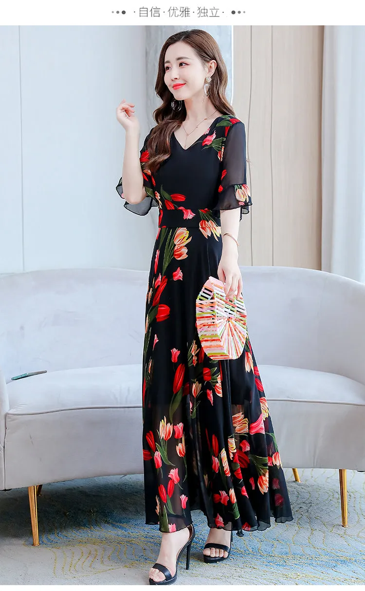 VenusFox Summer New Arrival  Elegant Korean V Collar Flare Sleeve Women Chiffon Long Dress High Quality