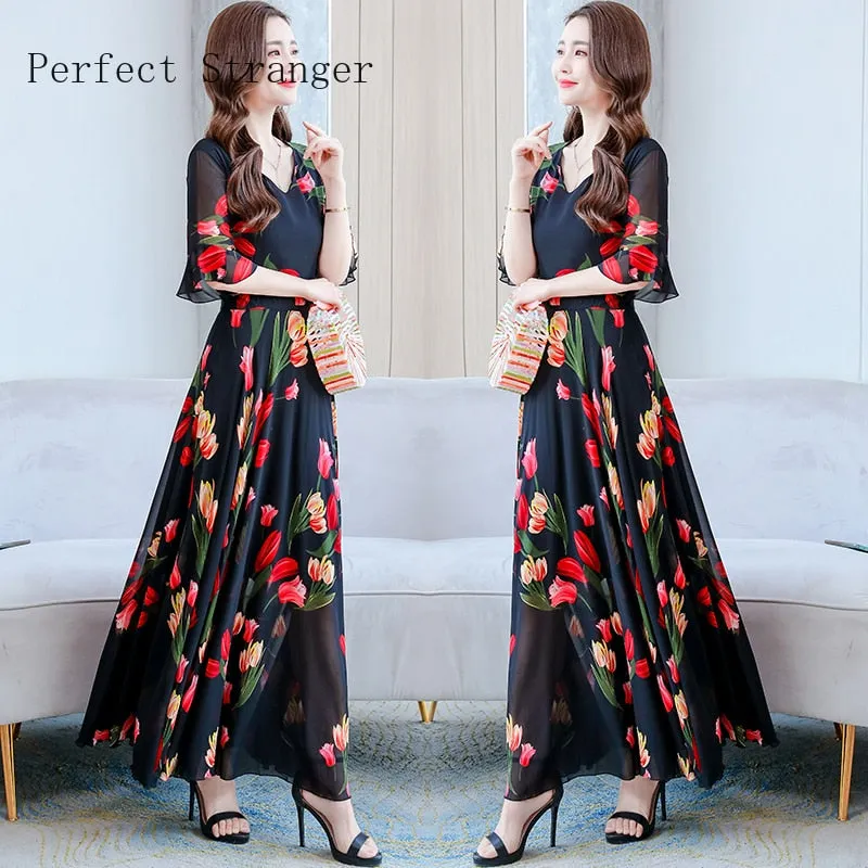 VenusFox Summer New Arrival  Elegant Korean V Collar Flare Sleeve Women Chiffon Long Dress High Quality