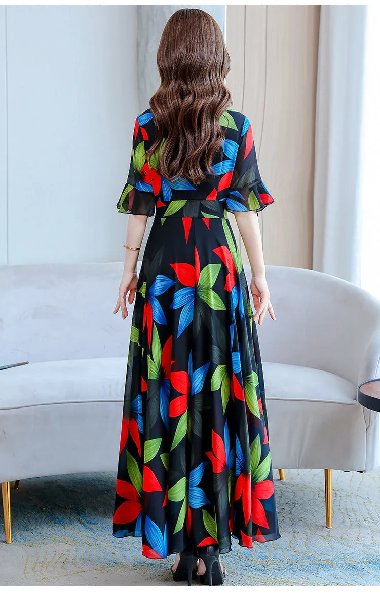 VenusFox Summer New Arrival  Elegant Korean V Collar Flare Sleeve Women Chiffon Long Dress High Quality