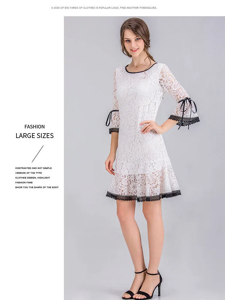 VenusFox Women Dress Elegant White Lace Flare Sleeve Dress