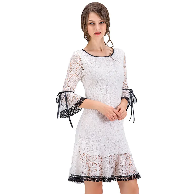 VenusFox Women Dress Elegant White Lace Flare Sleeve Dress