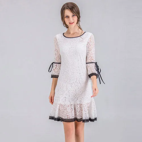 VenusFox Women Dress Elegant White Lace Flare Sleeve Dress