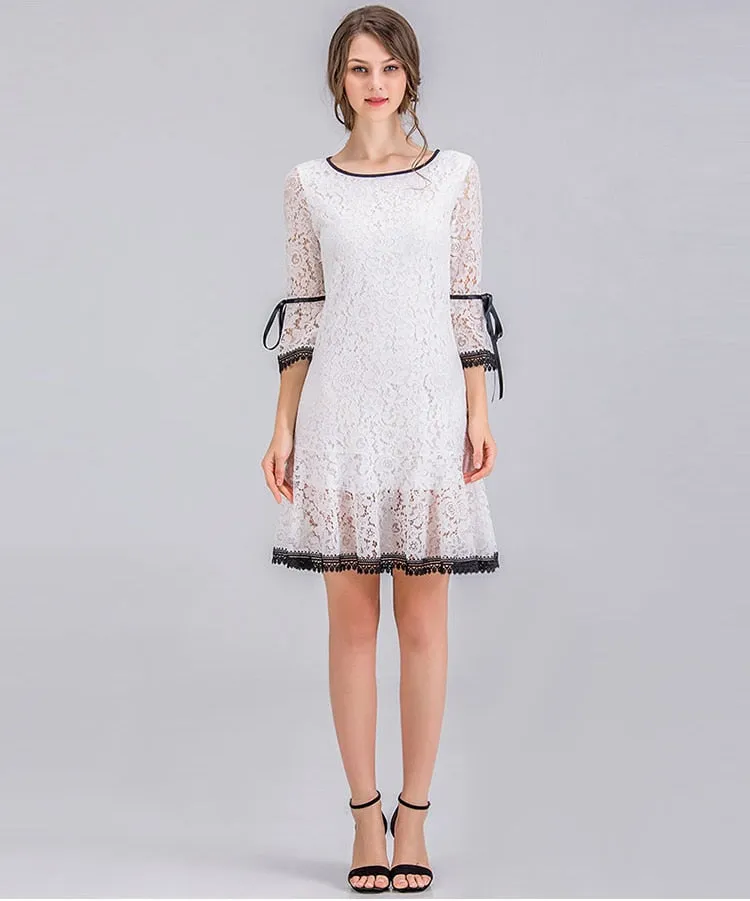 VenusFox Women Dress Elegant White Lace Flare Sleeve Dress