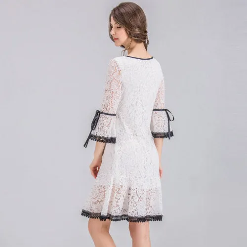 VenusFox Women Dress Elegant White Lace Flare Sleeve Dress