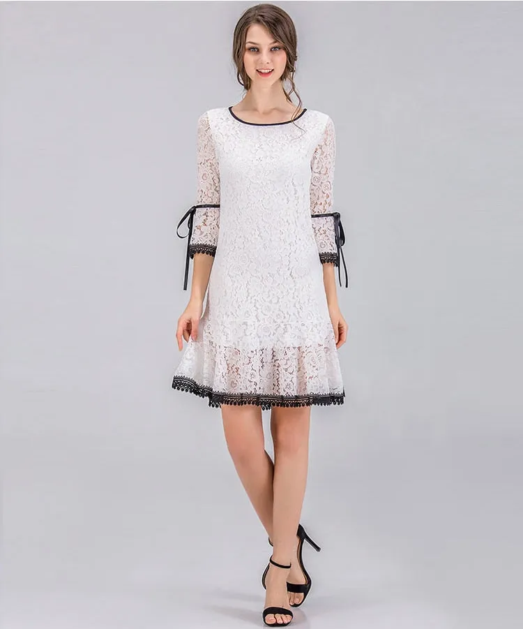 VenusFox Women Dress Elegant White Lace Flare Sleeve Dress