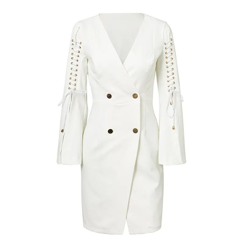 VenusFox Women Elegant lace up split blazer white Office dress