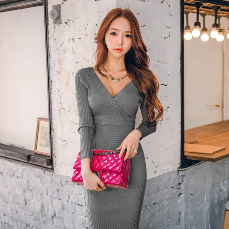 VenusFox Women Knitted V-neck Cotton Skinny Sweater Dress  Slim Bodycon Dress Elegant Sexy Party