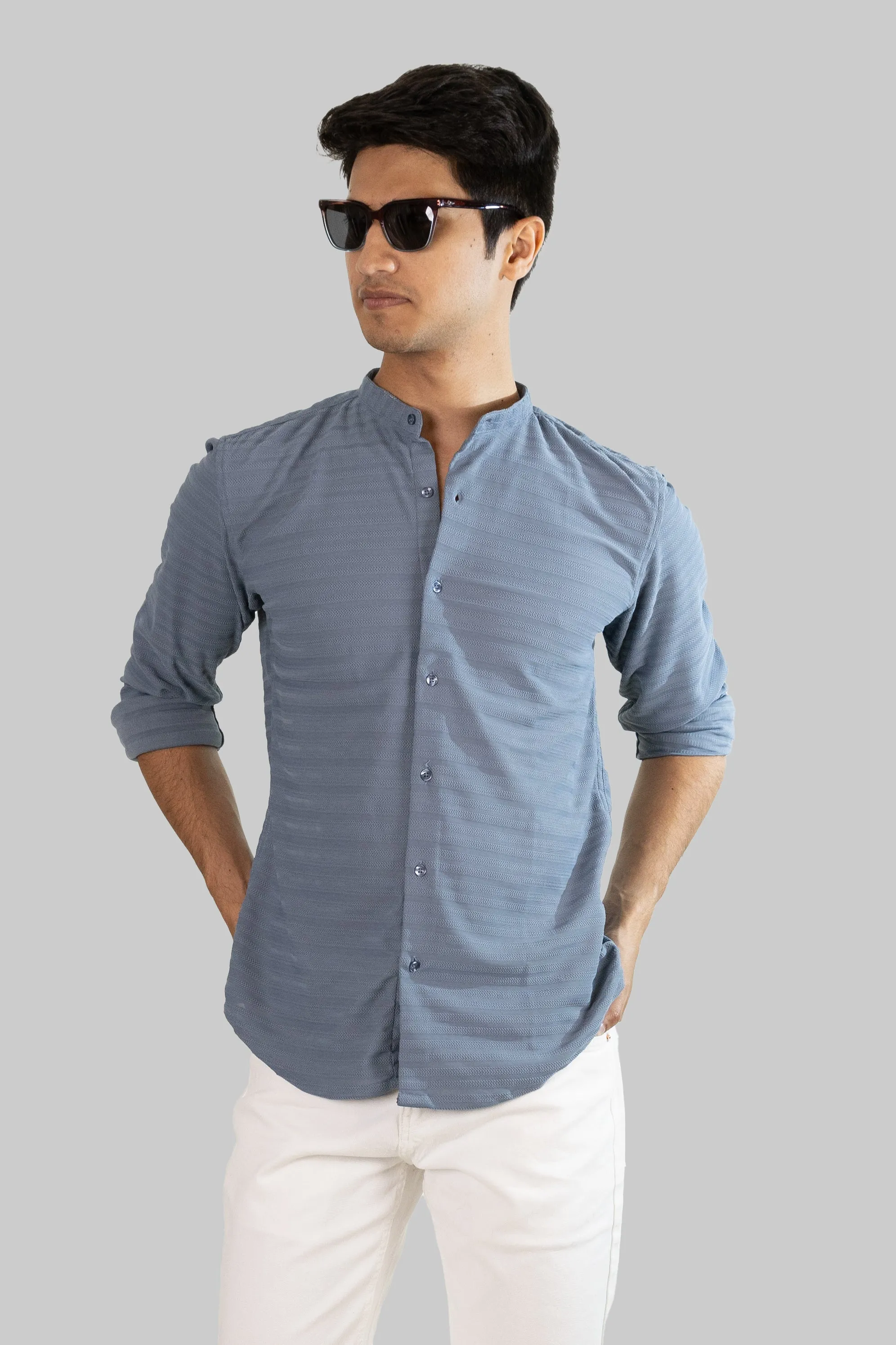 Weave Line Mandarin Collar Shirt - Sky Blue