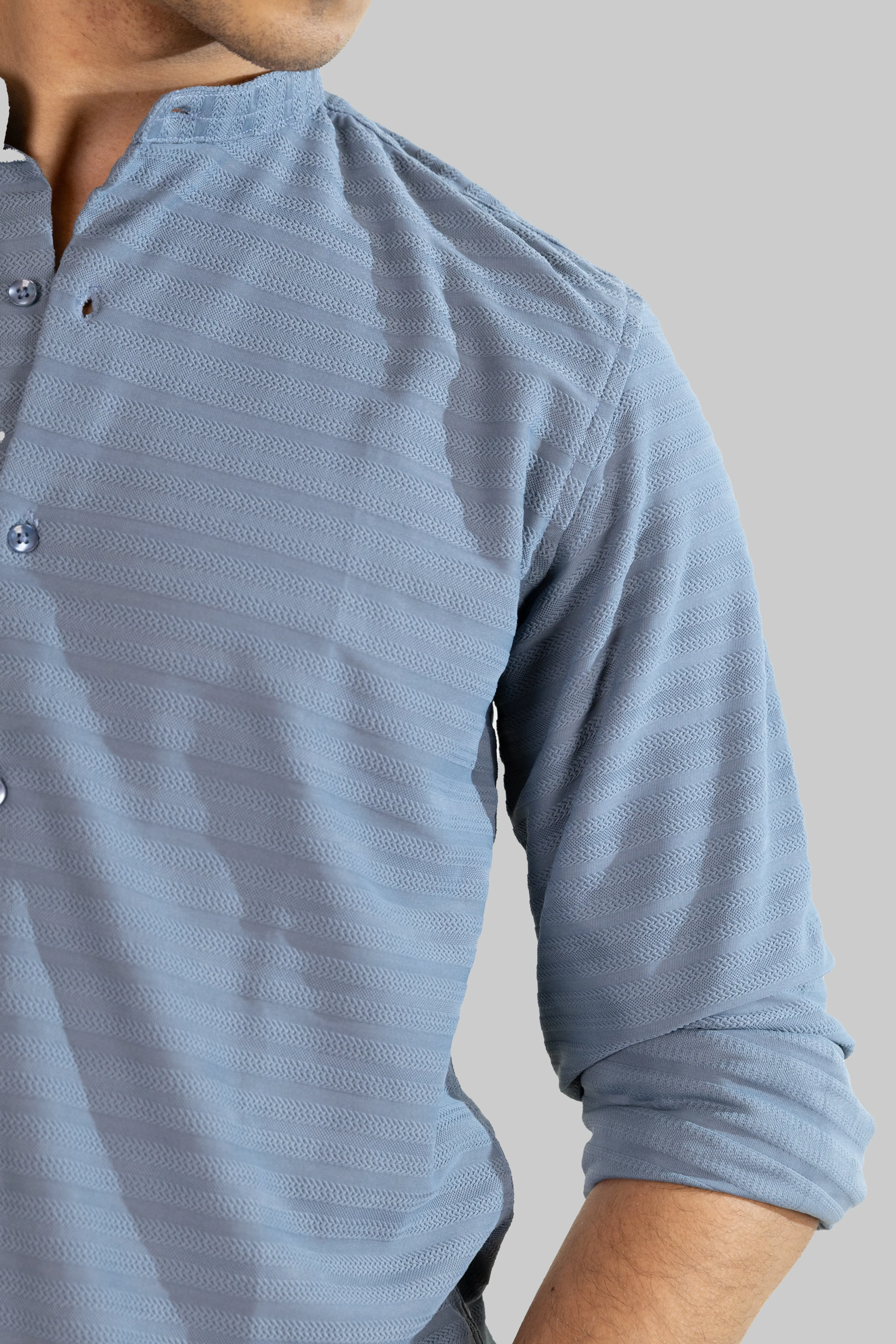 Weave Line Mandarin Collar Shirt - Sky Blue