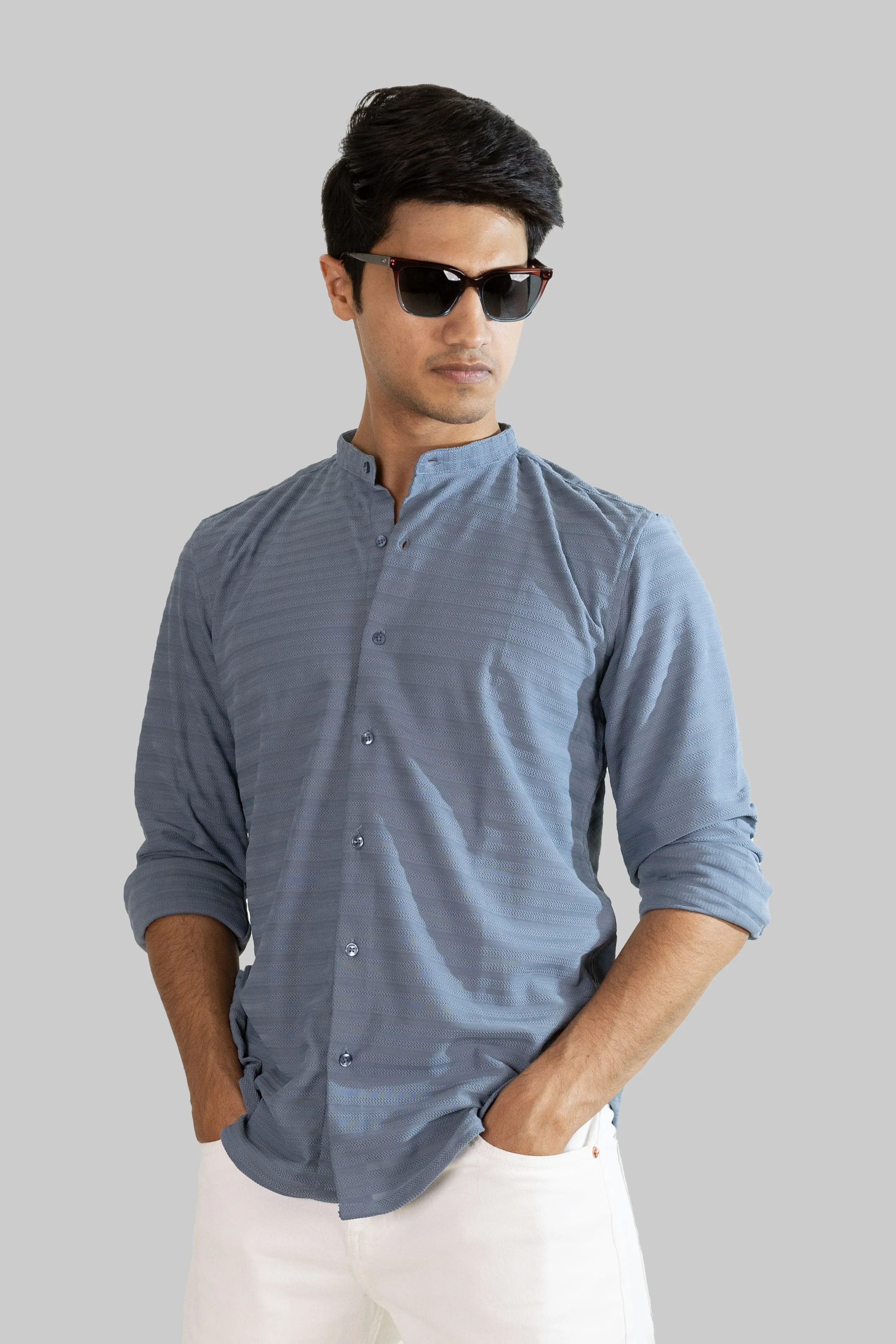 Weave Line Mandarin Collar Shirt - Sky Blue