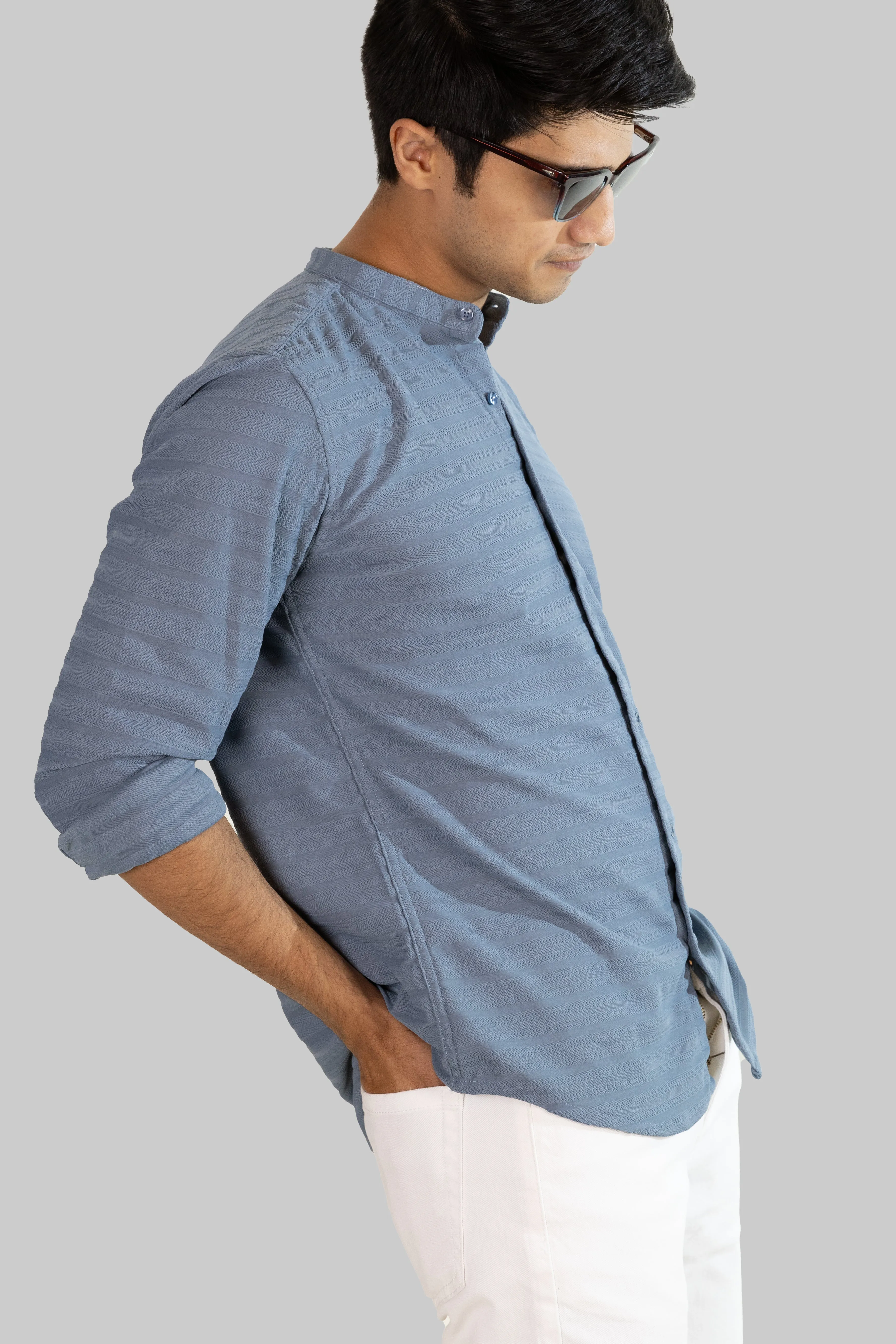 Weave Line Mandarin Collar Shirt - Sky Blue