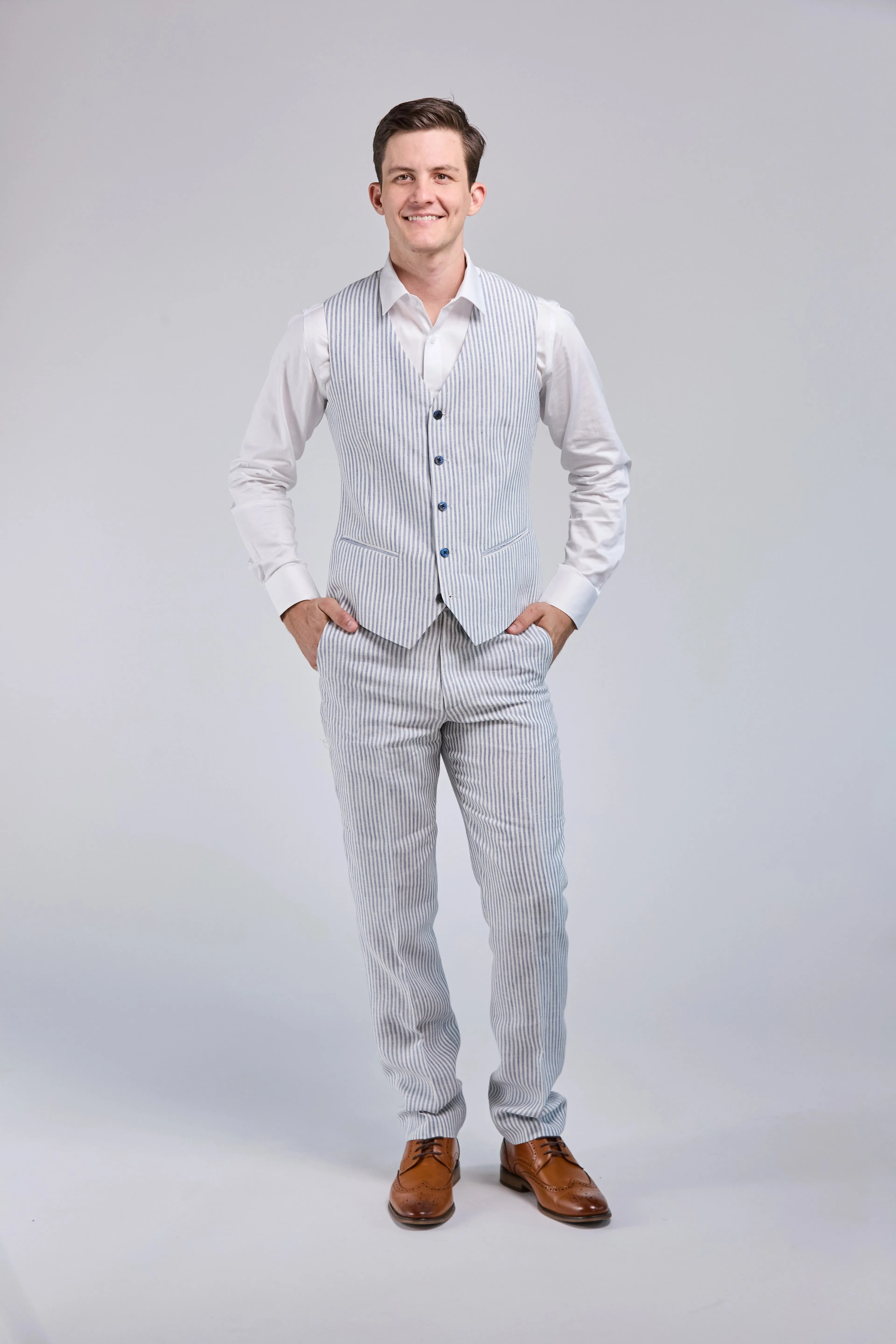 White & Blue Stripe Linen 3 Piece Suit