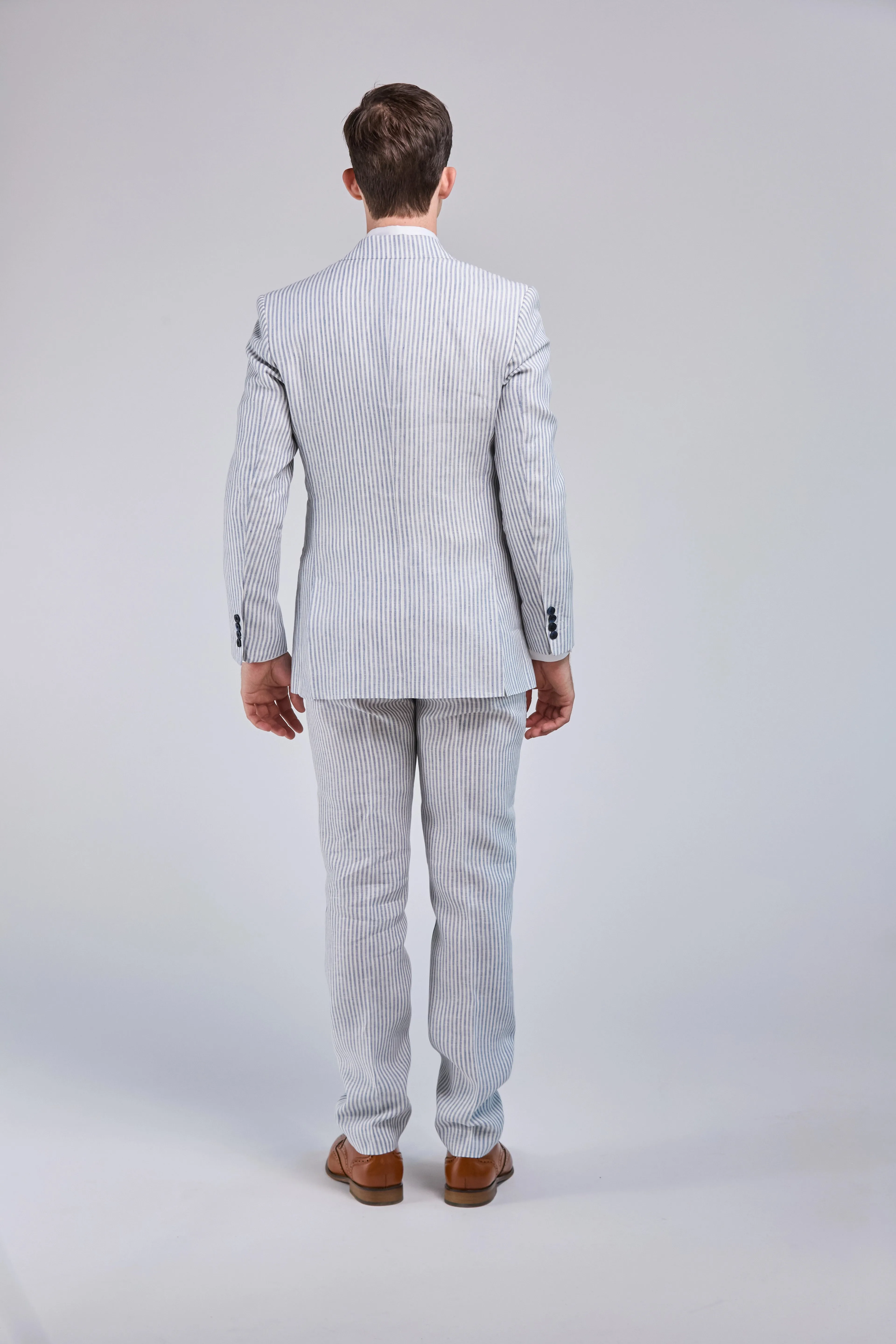 White & Blue Stripe Linen 3 Piece Suit