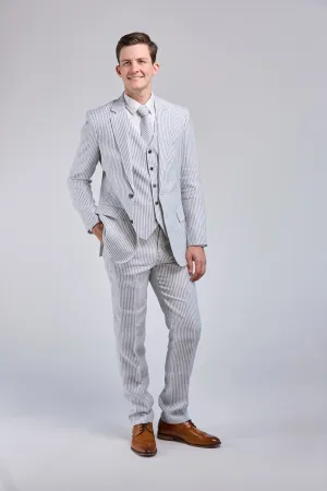 White & Blue Stripe Linen 3 Piece Suit