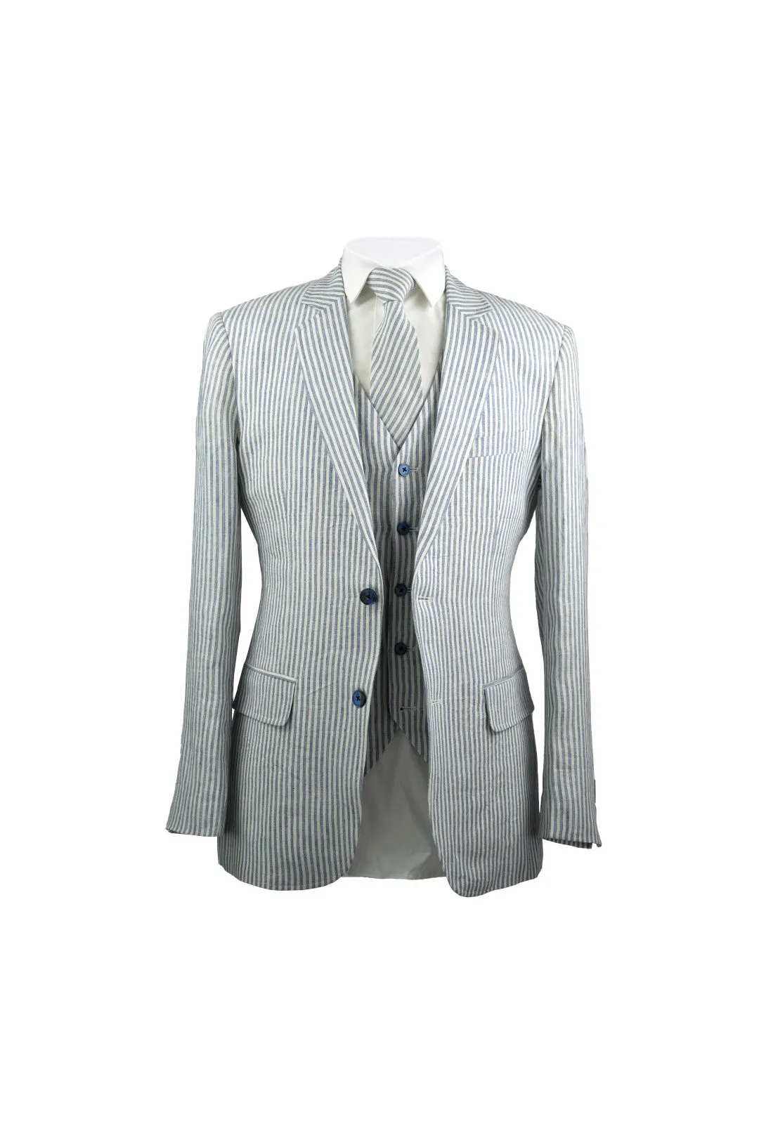 White & Blue Stripe Linen 3 Piece Suit