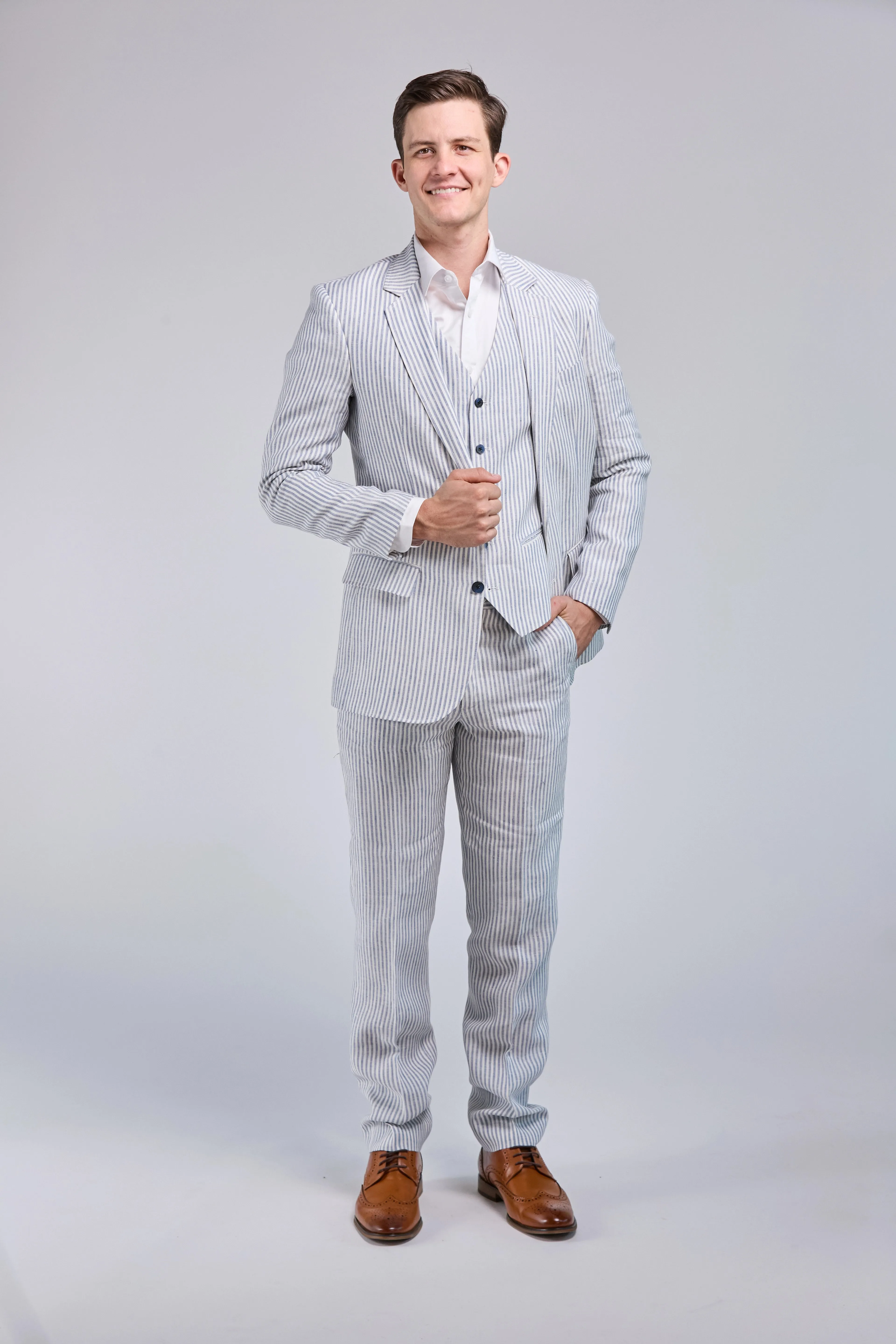 White & Blue Stripe Linen 3 Piece Suit