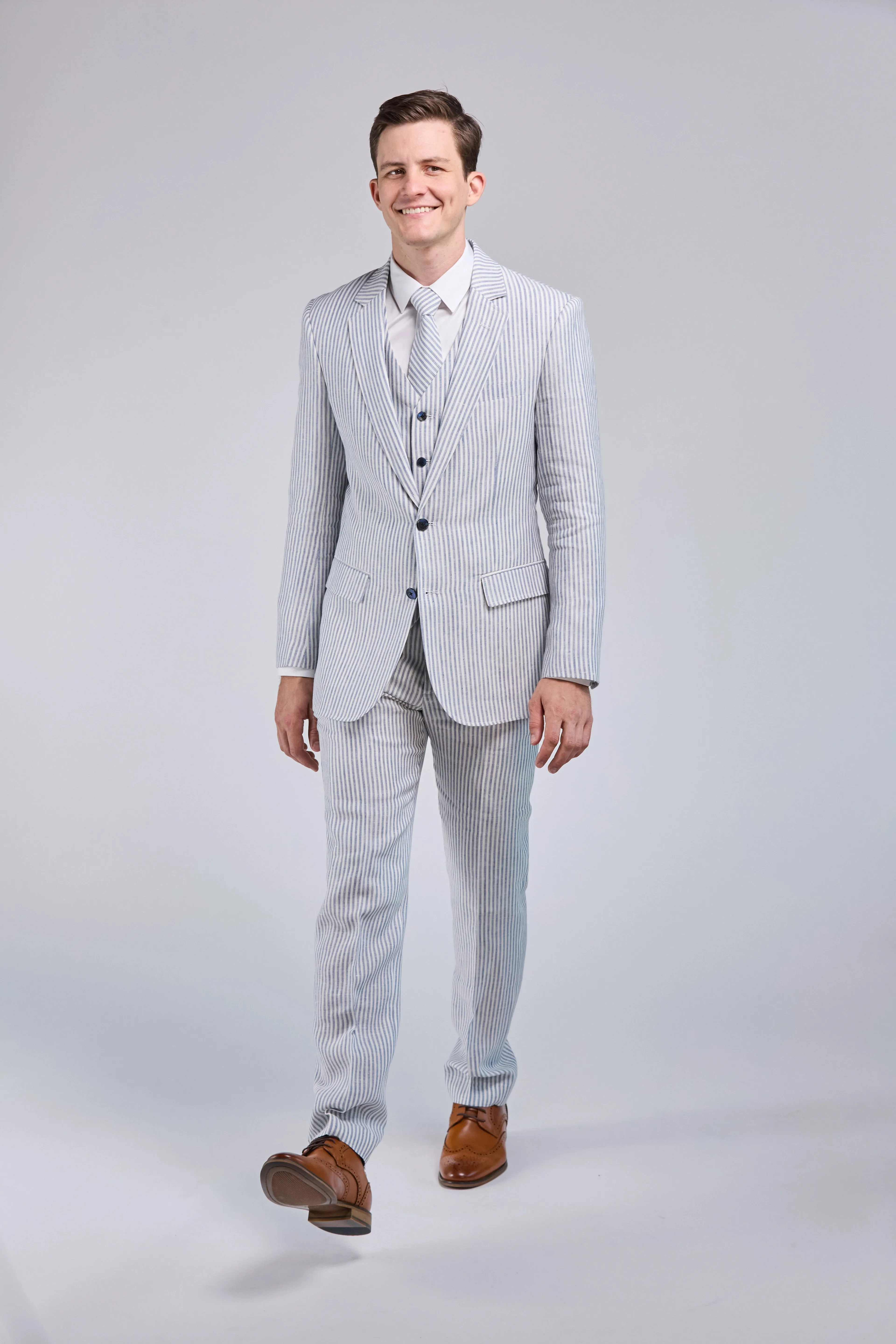 White & Blue Stripe Linen 3 Piece Suit