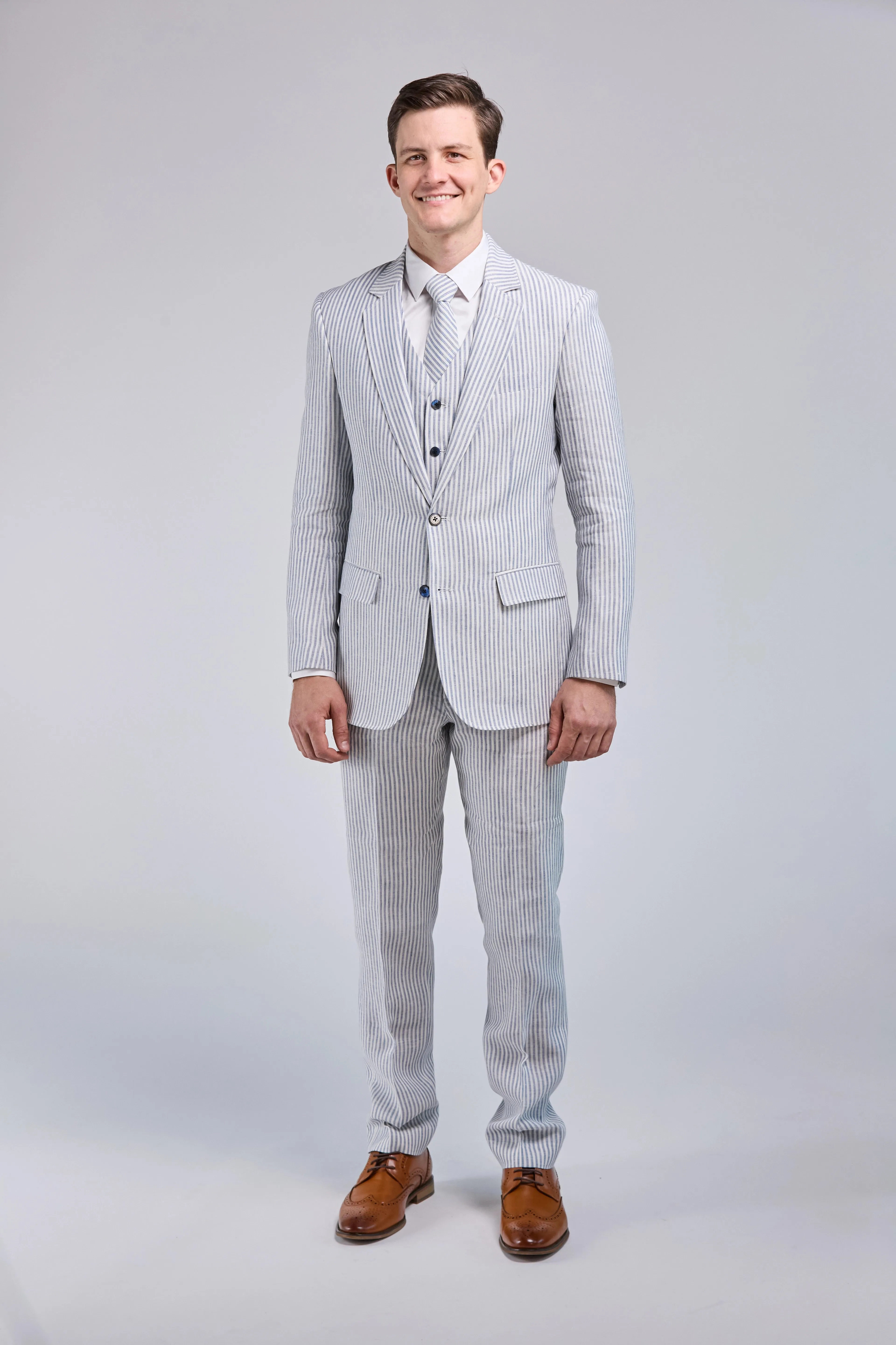 White & Blue Stripe Linen 3 Piece Suit