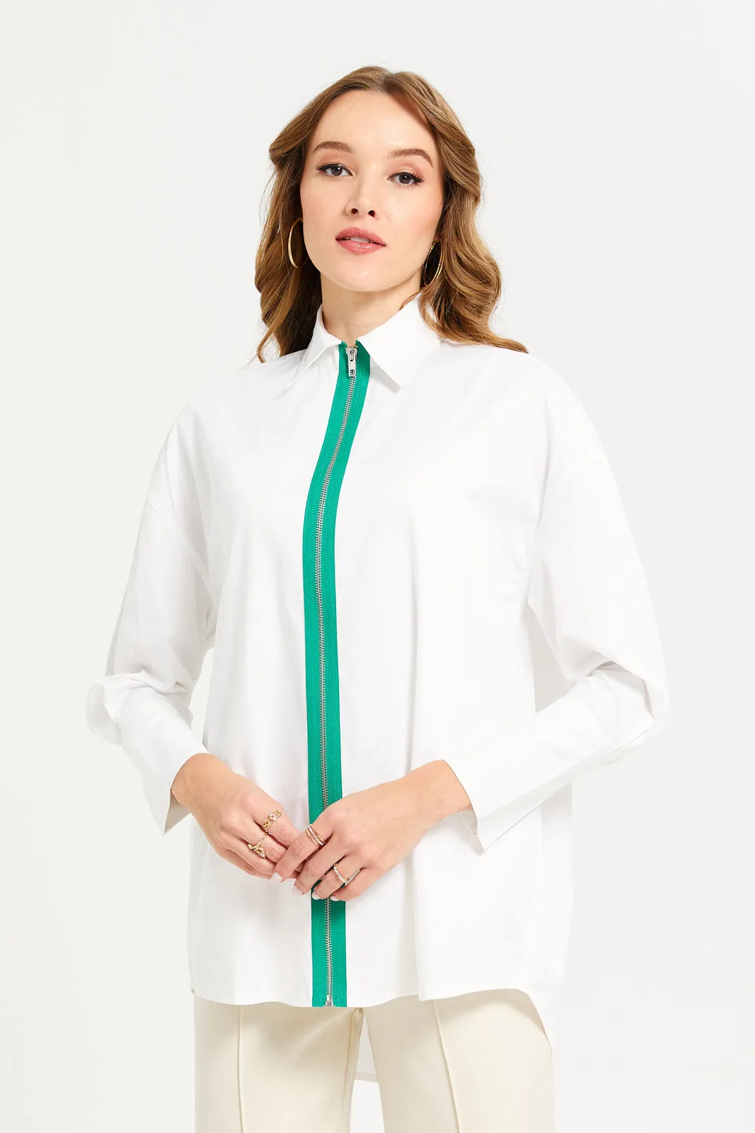 Women White Oversize Shirt Blouse With Contrast Zipper