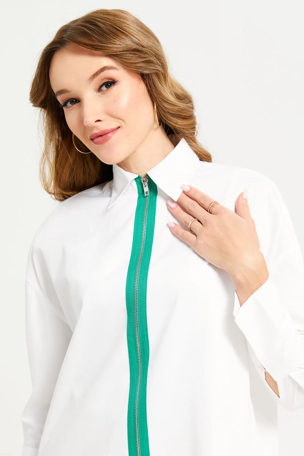 Women White Oversize Shirt Blouse With Contrast Zipper