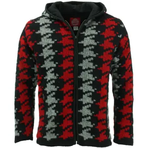 Wool Knit Hooded Cardigan Jacket - Red Houndstooth